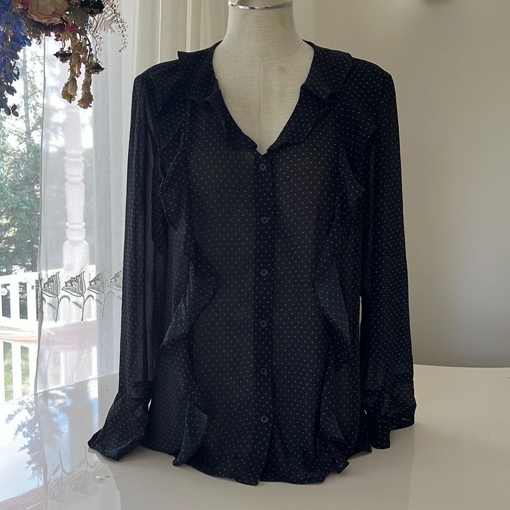 Tribal polka dot sheer ruffle blouse size medium